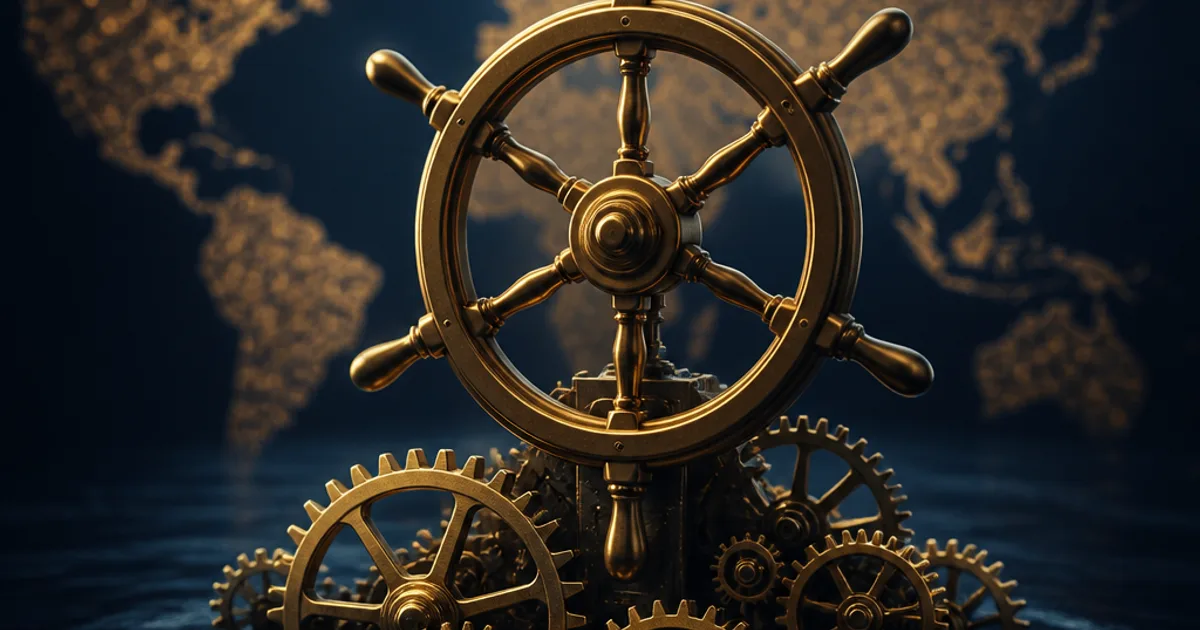 Abstract navy and gold leadership operating system architecture